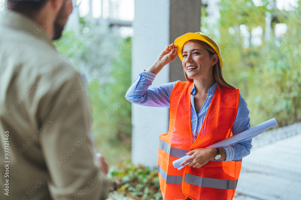 Smiling Female Engineer Discussing Construction Plans Outdoors Smiling Female Engineer Discussing Construction Plans Outdoors
