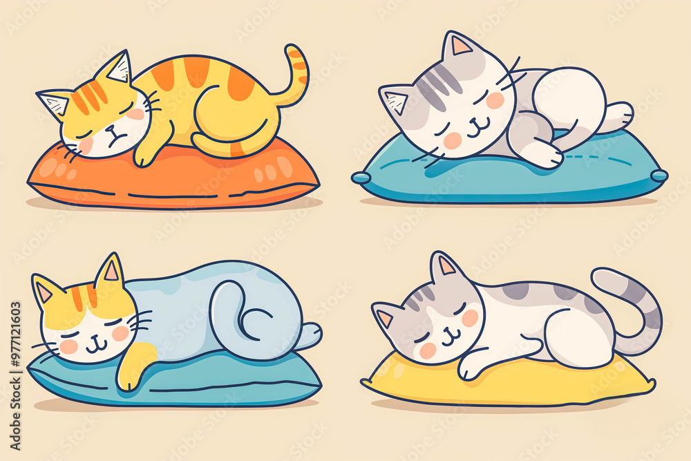 Naklejka premium Vector set of illustration of happy cute cat character in different sleeping pose on pillow with fish on color background. Flat line art style design of animal cat