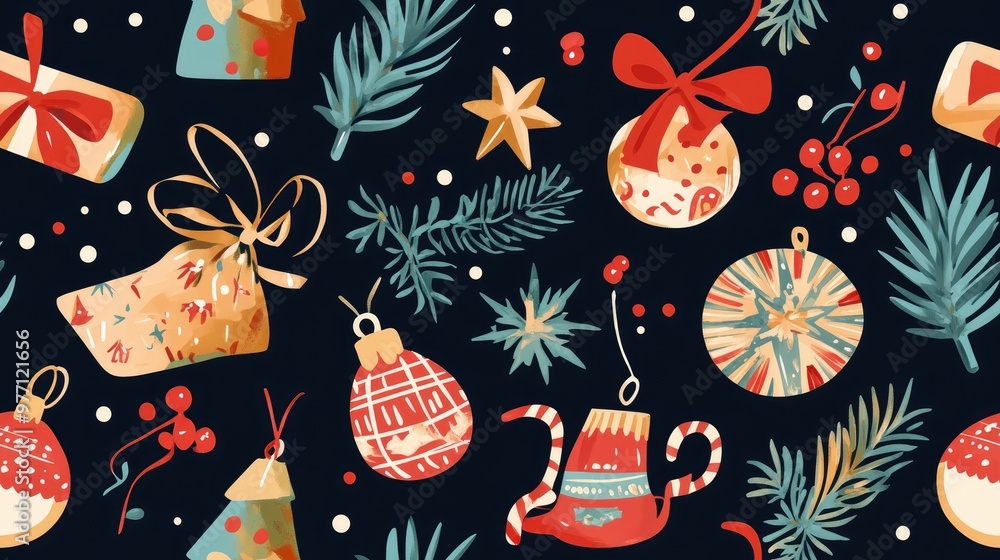 Seamless pattern featuring Christmas decorations and toys Seamless pattern featuring Christmas decorations and toys
