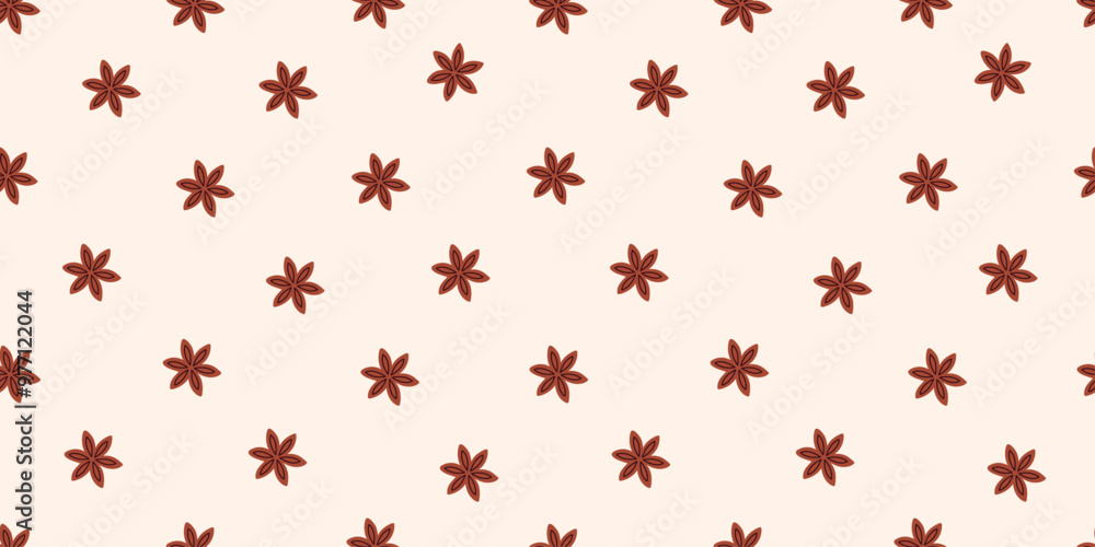 Seamless autumn pattern featuring star anise on a beige background. Repeating design. Warm brown tones. Cozy feel. Thanksgiving day. Ideal for fall-themed products, wallpapers, or fabric. Seamless autumn pattern featuring star anise on a beige background. Repeating design. Warm brown tones. Cozy feel. Thanksgiving day. Ideal for fall-themed products, wallpapers, or fabric.