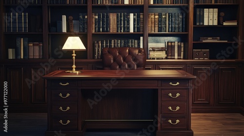 Vintage walnut roll-top desk with brass handles, set in a quiet, dimly lit library