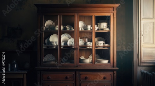 Vintage wooden cabinet with glass doors, filled with old porcelain dishes, softly lit