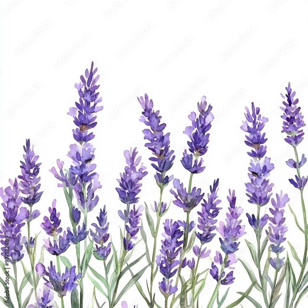 Naklejka premium Border of tender watercolor lavender flowers border on white background