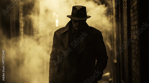 A dark, shadowy figure in a 1950s alley, wearing a long trench coat and a fedora hat. His face is partially hidden, but his eyes gleam menacingly. The alley is dimly lit, with soft sepia tones, smoke 