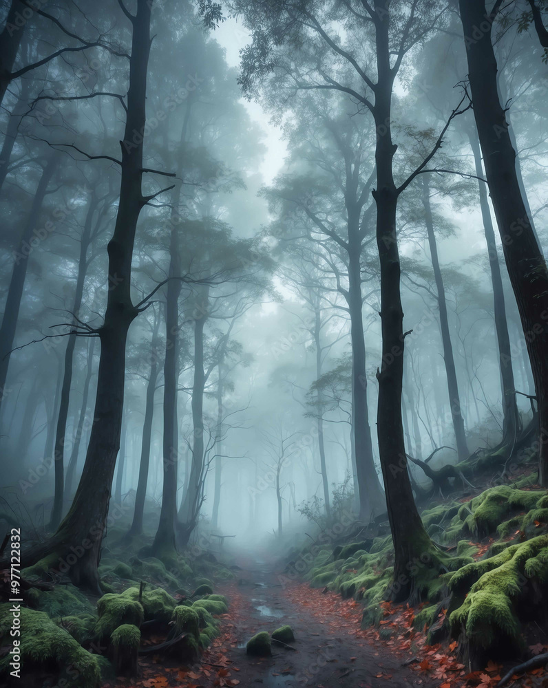 Spooky forest with misty atmosphere Spooky forest with misty atmosphere