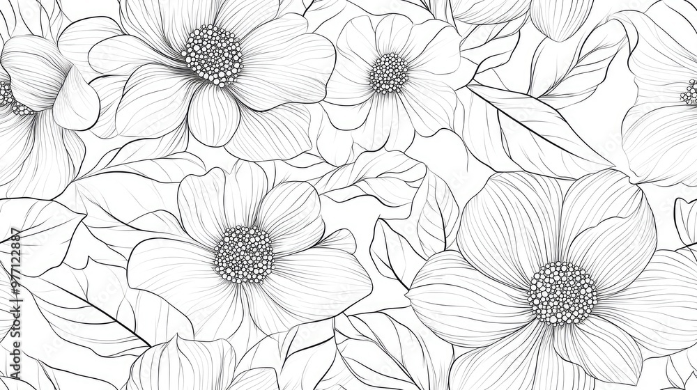 Seamless Monochrome Pattern Featuring Floral Motifs Endless Texture with Flowers and Leaves Natural Background in Doodle Line Style Contour Illustration Suitable for Coloring Abstract Art Design Seamless Monochrome Pattern Featuring Floral Motifs Endless Texture with Flowers and Leaves Natural Background in Doodle Line Style Contour Illustration Suitable for Coloring Abstract Art Design