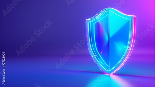 A glowing blue shield symbolizing security and protection, set against a vibrant purple background.