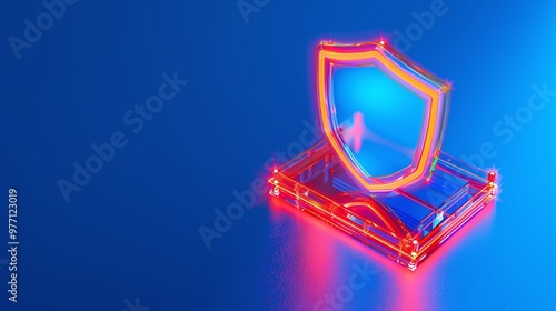 A glowing digital shield on a laptop, symbolizing online security and protection against cyber threats in a modern design.