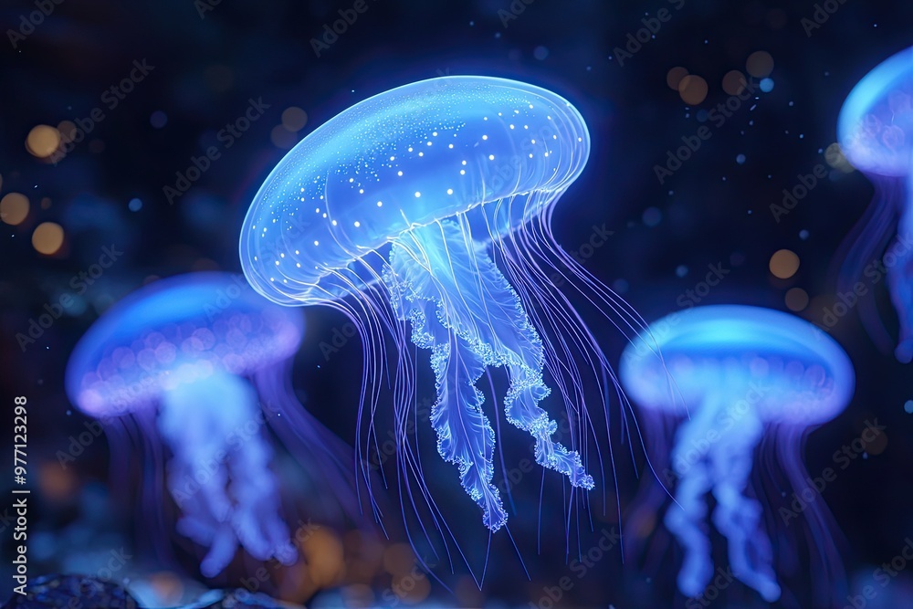 Glowing Jellyfish Floating in Deep Ocean Glowing Jellyfish Floating in Deep Ocean