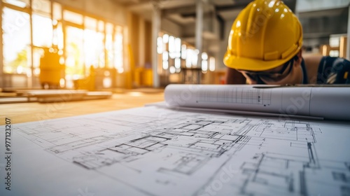 Blueprint floor plan architectural project on the table with yellow helmet and pencil photo