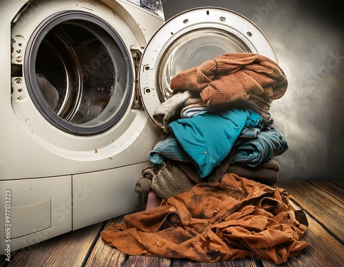 Pile of old and dirty clothes next to a washing machine