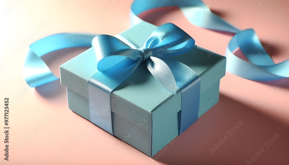 Bright blue gift box tied with satin ribbon on light background Bright blue gift box tied with satin ribbon on light background