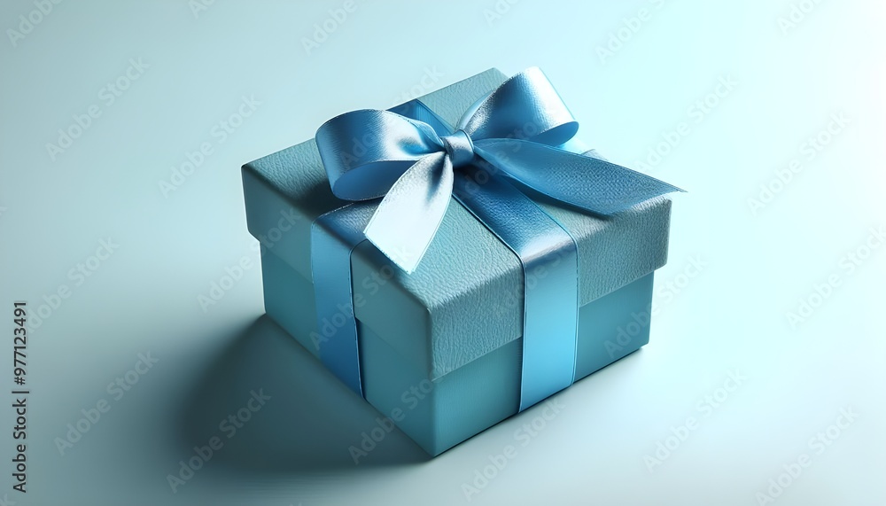 Bright blue gift box tied with satin ribbon on light background Bright blue gift box tied with satin ribbon on light background