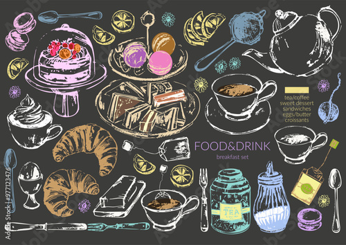 Hand drawn vector food chalk sketch illustration. Tea, coffee, breakfast croissant, egg, butter, sweet dessert, cake stand, teapot, cup