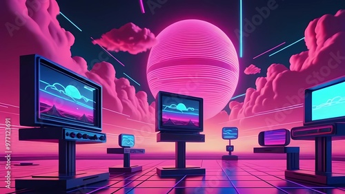 Cyberpunk neon landscape featuring electronic grids, game controllers, and computers, connected in a digital reality