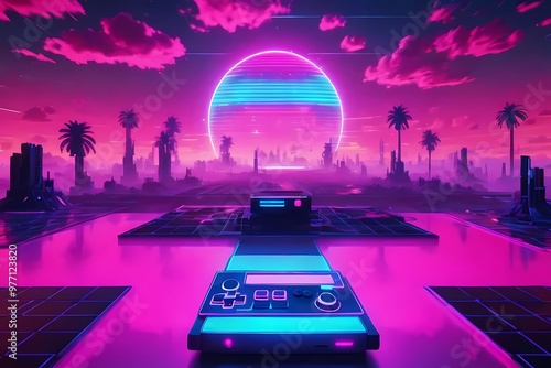 Digital paradise with neon grids, palm trees, glowing moon, and retro technology blending in surreal reality