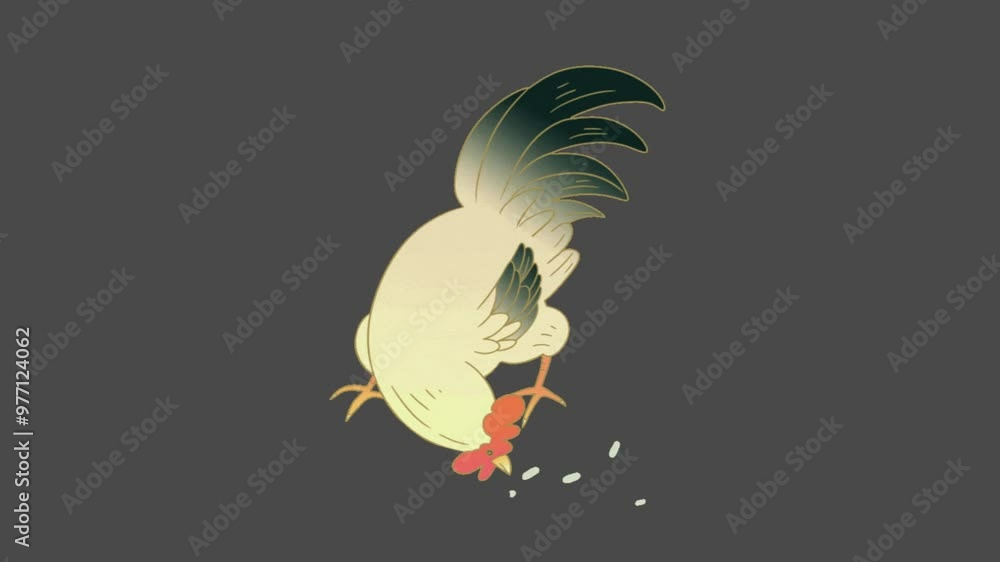 Animation of a rooster eating grains of rice. Cute cartoon rooster ...