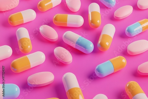 many colorful pill 3d flat style 