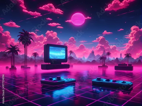 Virtual neon atmosphere with vintage computers, controllers, and an electronic sky filled with glowing lines