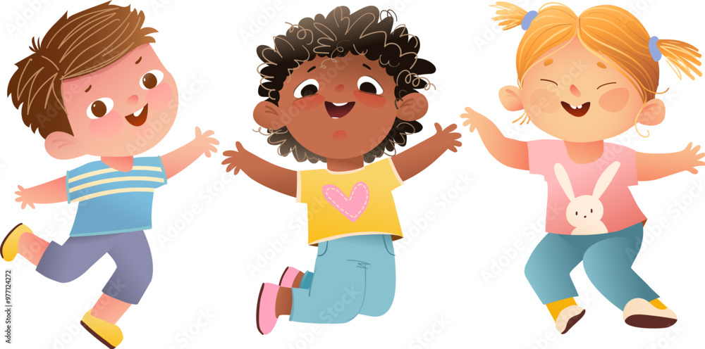 Happy laughing children boys and girls playing jumping together. Joyful childhood with friends, small kids jump and have fun . Vector clipart cartoon. Colorful characters Illustration for children. Happy laughing children boys and girls playing jumping together. Joyful childhood with friends, small kids jump and have fun . Vector clipart cartoon. Colorful characters Illustration for children.