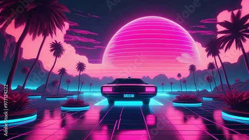 Retro futuristic back side view 80s supercar on trendy synthwave. generate ai