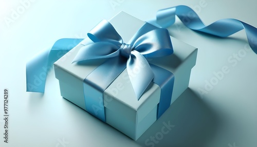 Bright blue gift box tied with satin ribbon on light background