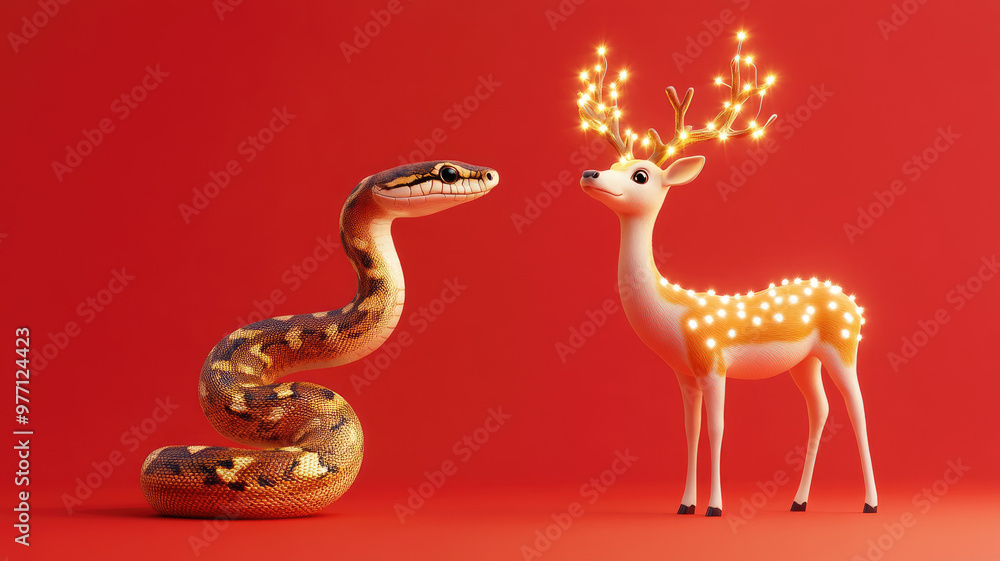 Obraz premium Snake and lighted deer stand together on red background