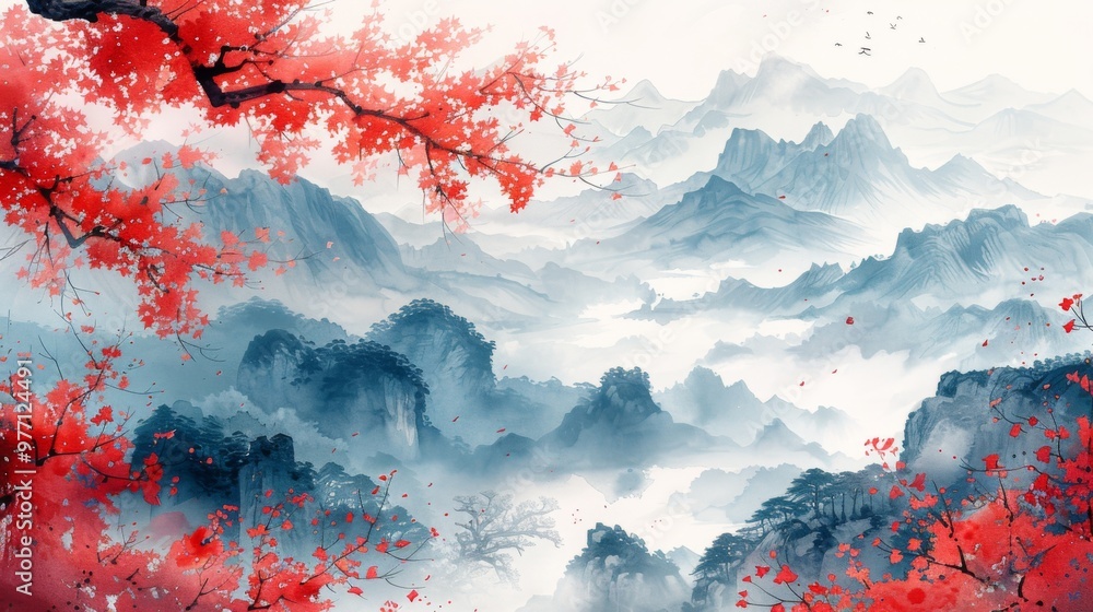 Autumn or fall season. Autumn Branches with Red Leaves Over Misty Mountain Landscape Watercolor Art Autumn or fall season. Autumn Branches with Red Leaves Over Misty Mountain Landscape Watercolor Art