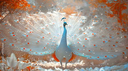 A white peacock with feathers spread out in front of a forest area with trees and bushes in the background 