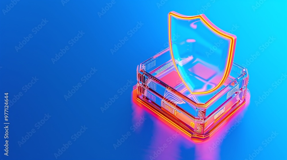 A glowing neon shield symbolizing security and protection, set against a vibrant blue background, representing digital safety. A glowing neon shield symbolizing security and protection, set against a vibrant blue background, representing digital safety.
