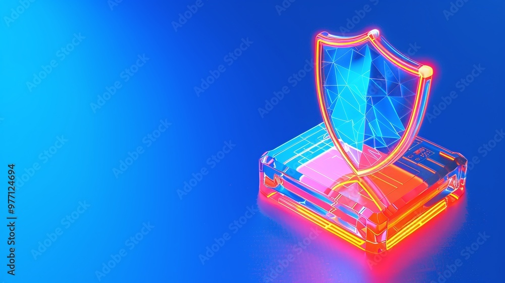 A glowing neon shield symbolizing security and protection against digital threats on a vibrant blue background. A glowing neon shield symbolizing security and protection against digital threats on a vibrant blue background.