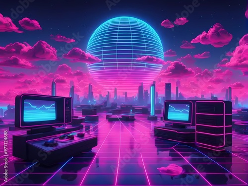 Retro-futuristic scene with neon grids, vintage computers, and game controllers under a glowing night sky