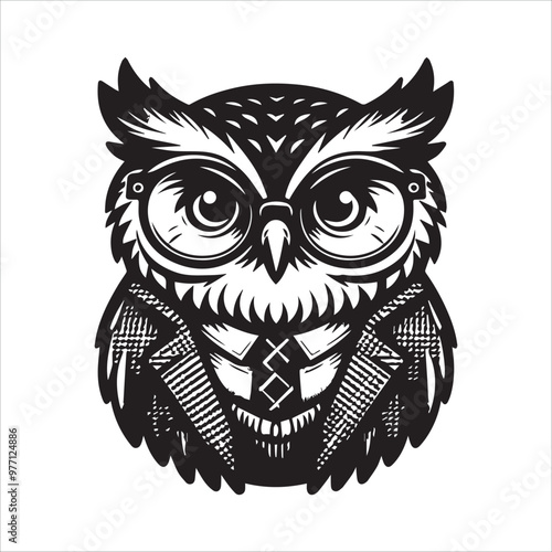 Cartoon owl, wearing spectacles and a tweed jacket vector illustration silhouette