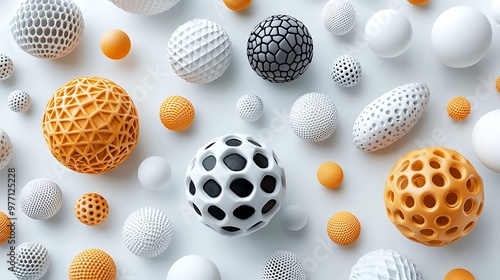 Abstract geometric spheres in orange, white, and black form a striking visual pattern.