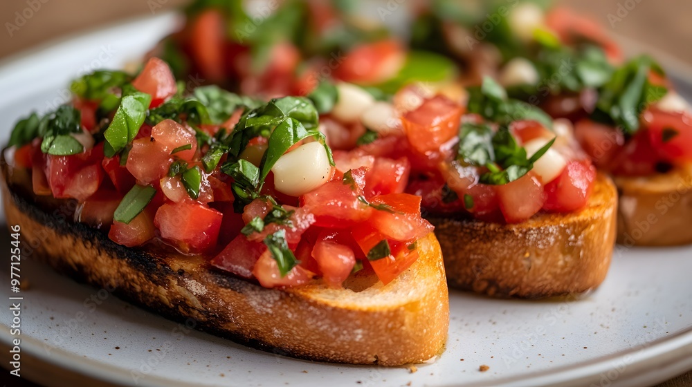 Italian Cuisine: Bruschetta with Tomatoes, Basil, and Garlic Italian Cuisine: Bruschetta with Tomatoes, Basil, and Garlic
