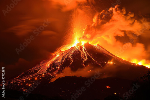 Generative ai on theme of erupting volcano with cascading hot lava surrounded thick white smoke