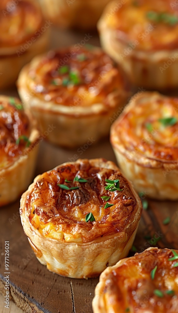 Assortment of Freshly Baked Mini Quiches Garnished with Thyme on a Rustic Wooden Board Assortment of Freshly Baked Mini Quiches Garnished with Thyme on a Rustic Wooden Board