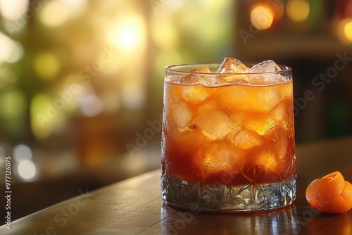 Cocktail Bronx deep orange colored placed on the right side of the table with an orange twist on the table. Blurred bar with sunlight in the background.