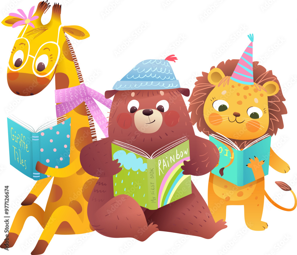 Fototapeta premium Bear lion and giraffe reading books together. Baby zoo animals reading and studying. Animals characters for kids education. Vector cartoon illustration for children school and kindergarten.