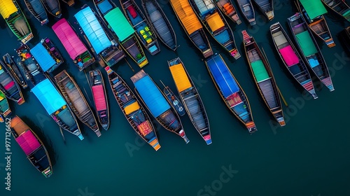 Vibrant Aerial View of Floating Market in Thailand with Colorful Boats and Stalls of Traditional 