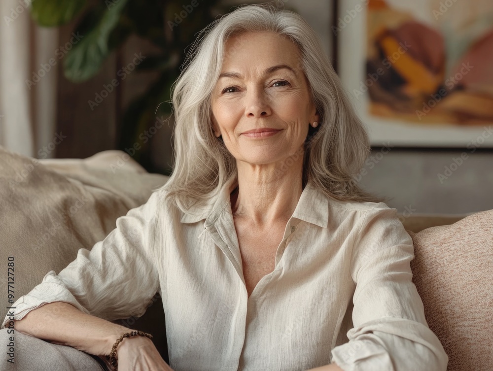 Gray-haired woman in a beige blouse, seated comfortably on a couch Gray-haired woman in a beige blouse, seated comfortably on a couch