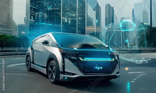 Futuristic Electric Car with Holographic Interface in Modern Cityscape