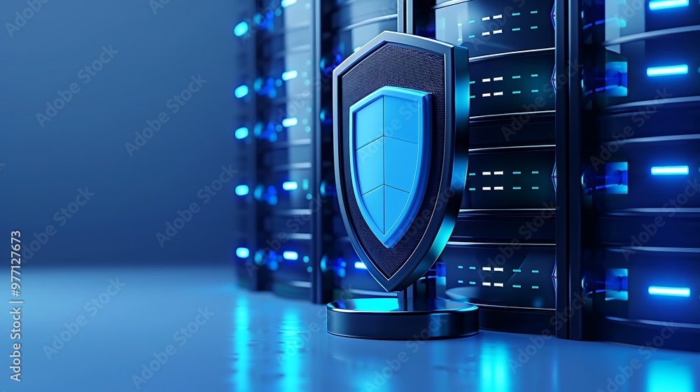 A modern data center with a digital shield representing security and protection for servers and information systems. A modern data center with a digital shield representing security and protection for servers and information systems.