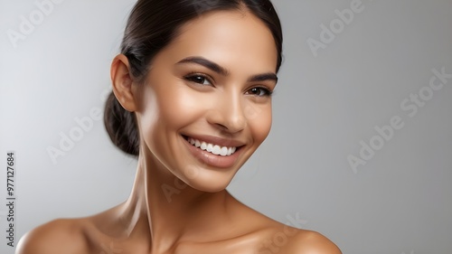 Latina woman with flawless, glowing skin smiles radiantly after receiving a professional microdermabrasion treatment at a contemporary aesthetic clinic