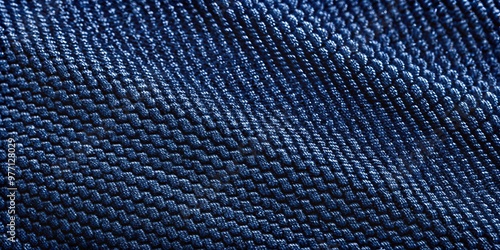 Deep indigo denim fabric features a distinctive diagonal weave pattern, imbuing the material with a textured, rugged