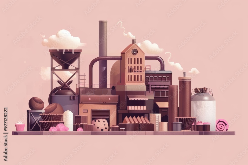Chocolate factory with workers packaging candies and chocolate bars for distribution. Chocolate factory with workers packaging candies and chocolate bars for distribution.