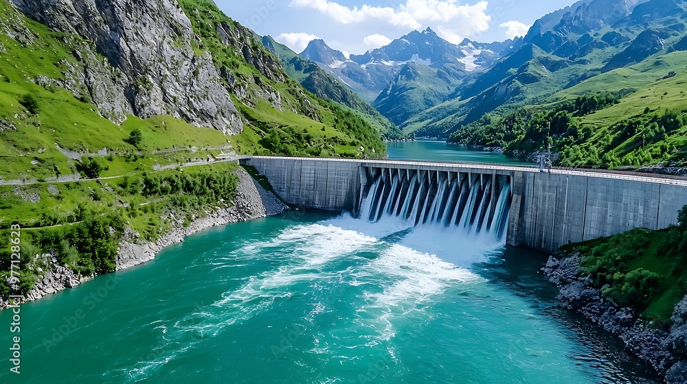 A mountain dam releases water through its gates, a powerful flow against the rugged landscape. A mountain dam releases water through its gates, a powerful flow against the rugged landscape.