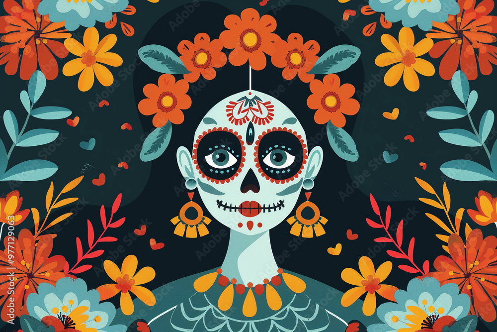 Beautiful greeting card with bright holiday composition for happy to joy celebrate dia de muertos Beautiful greeting card with bright holiday composition for happy to joy celebrate dia de muertos
