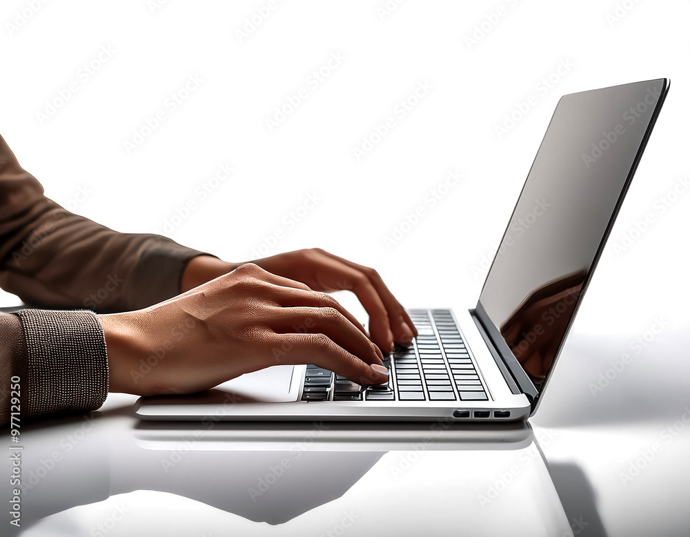 close up casual hand typing on laptop computer isolated on white background close up casual hand typing on laptop computer isolated on white background