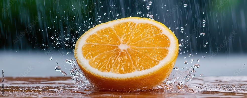 Highspeed shot of a lemon slice splashing into water, with droplets frozen in midair and vibrant citrus colors Highspeed shot of a lemon slice splashing into water, with droplets frozen in midair and vibrant citrus colors